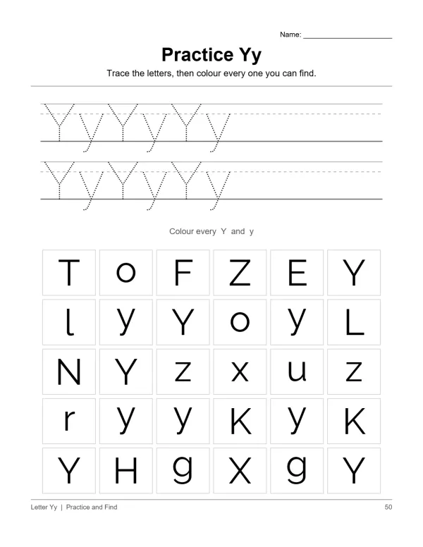 Tracing lines for uppercase and lowercase Y followed by a grid of letters to find the Ys.