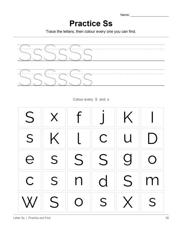 Worksheet with dotted uppercase and lowercase S letters to trace and a grid of letters to find.