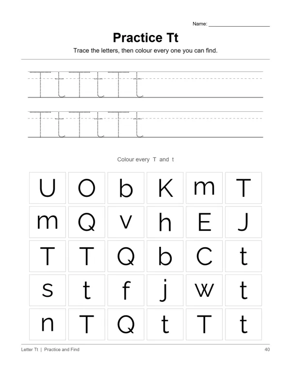 Worksheet for practicing the letter T with tracing lines and a letter find grid.