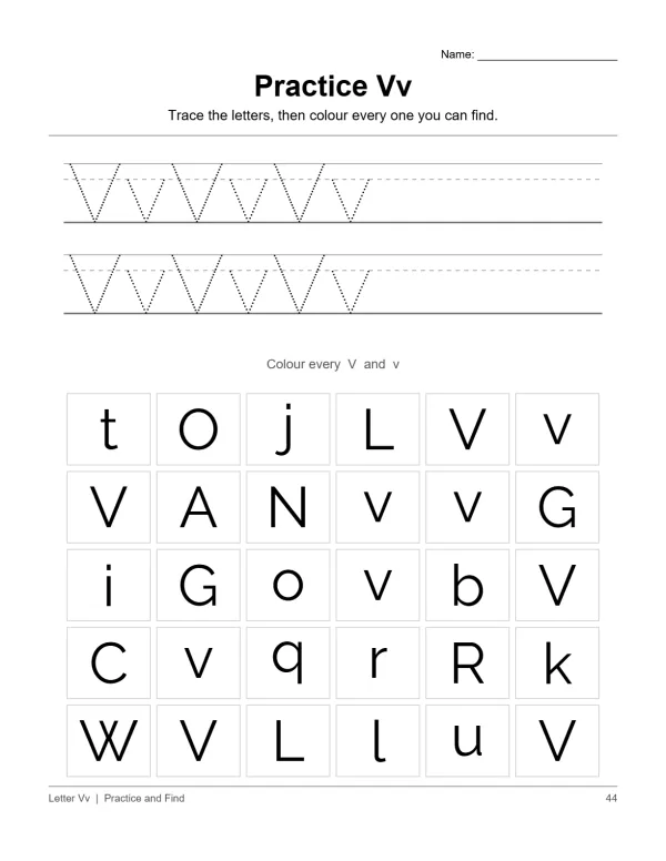 A worksheet for practicing the letter V with tracing lines and a letter find activity.