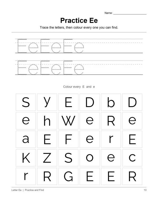 Worksheet with dotted uppercase and lowercase letters E for tracing and a grid of letters to find the E.