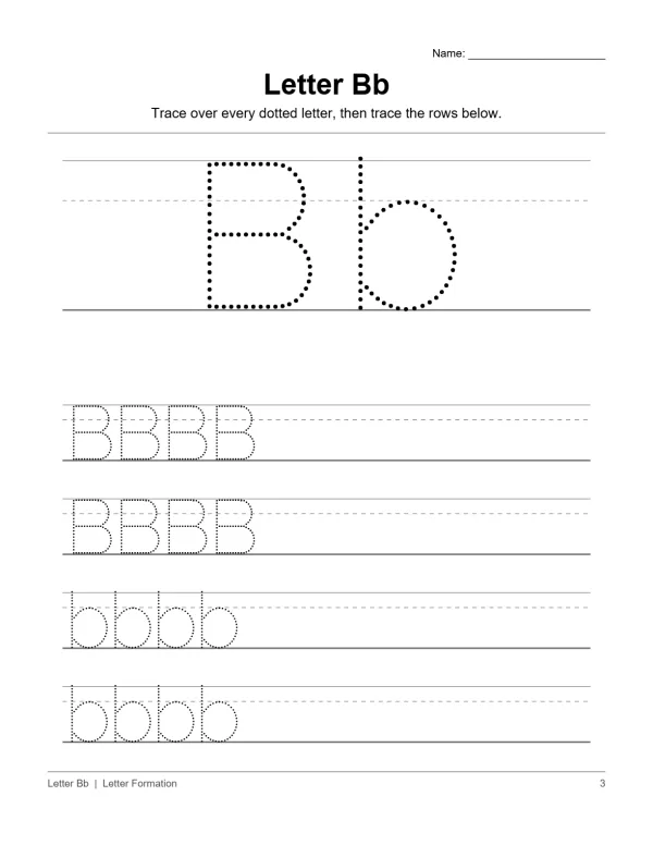 Dotted uppercase and lowercase letter B for tracing practice, followed by rows of dotted B's to trace.