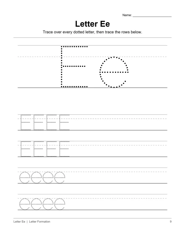Tracing worksheet for uppercase and lowercase letter E with dotted lines for practice.