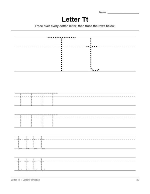 Uppercase and lowercase letter T traced with dotted lines and empty rows below for practice.