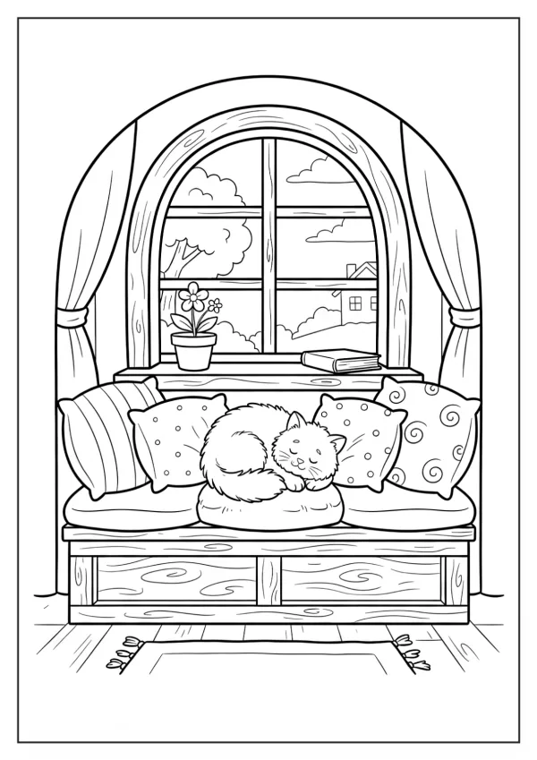 A fluffy cat sleeps peacefully on a plush cushion, surrounded by pillows, in front of a window.