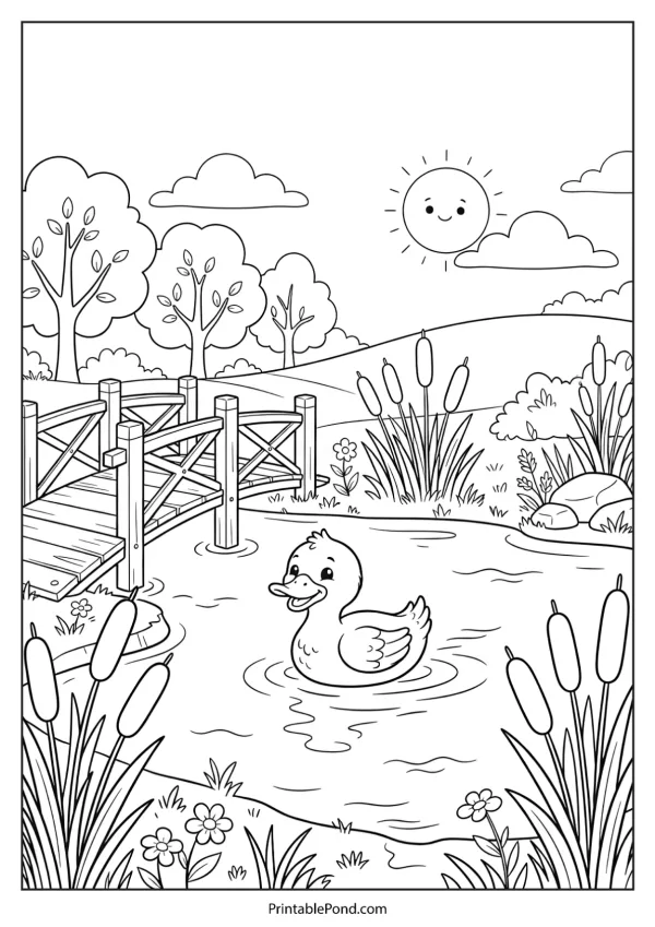 A smiling duckling swims in a pond near a wooden bridge with cattails and flowers.