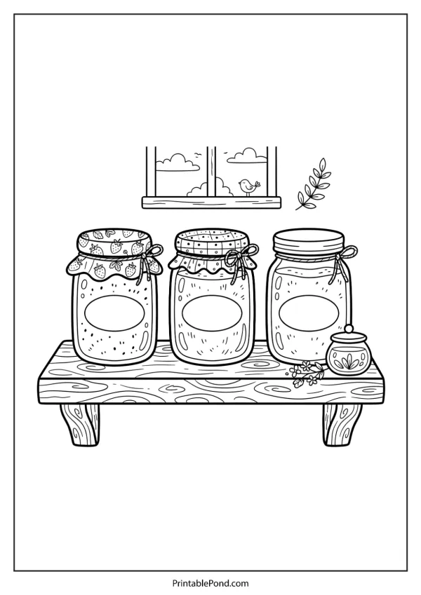Three glass jars filled with preserves sit on a wooden shelf, with a window and a small bird visible.