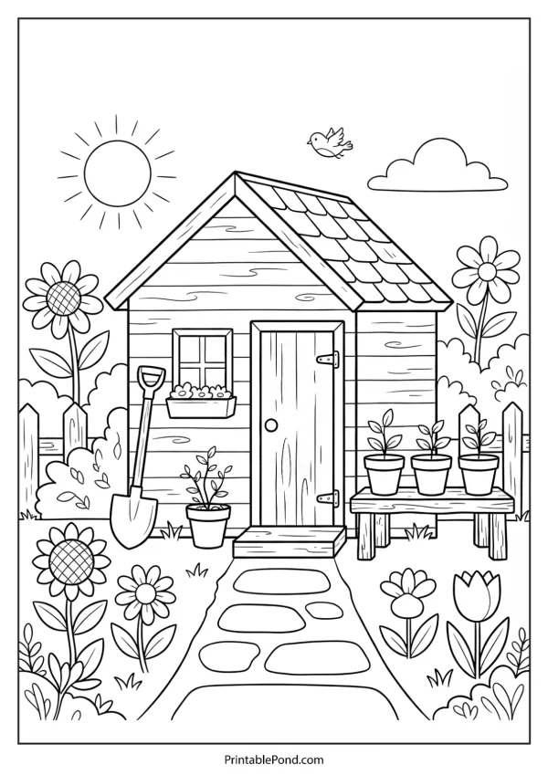 A line drawing of a wooden garden shed with a shovel, potted plants, flowers, and a stone path.