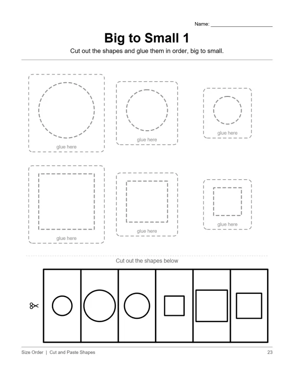 Cut out circles and squares and glue them in order from biggest to smallest.