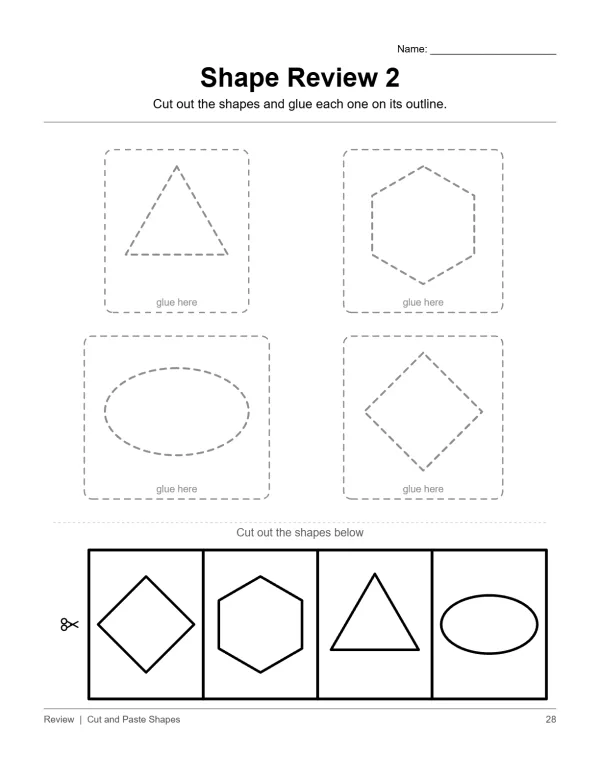 Page with dashed outlines of a triangle, hexagon, oval, and diamond to cut and glue onto matching shapes.