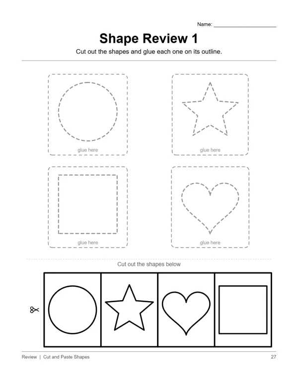 Cut out circle, star, heart, and square shapes to glue onto matching outlines.