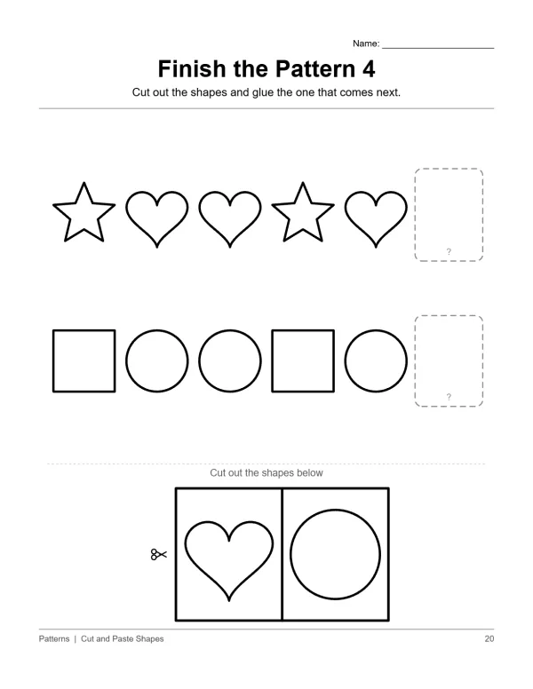 Worksheet with two rows of shapes, stars, hearts, circles, and squares, to complete patterns.
