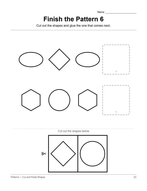 A worksheet for finishing shape patterns with cut-out oval, diamond, hexagon, and circle shapes.