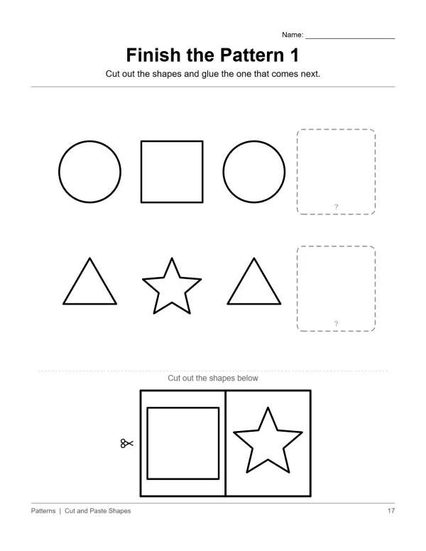 A worksheet with two rows of shapes, showing circle, square, circle and triangle, star, triangle, with dotted boxes for the next shape.