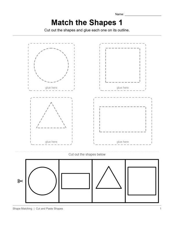 Worksheet with outlines of a circle, square, triangle, and rectangle to match cut-out shapes.