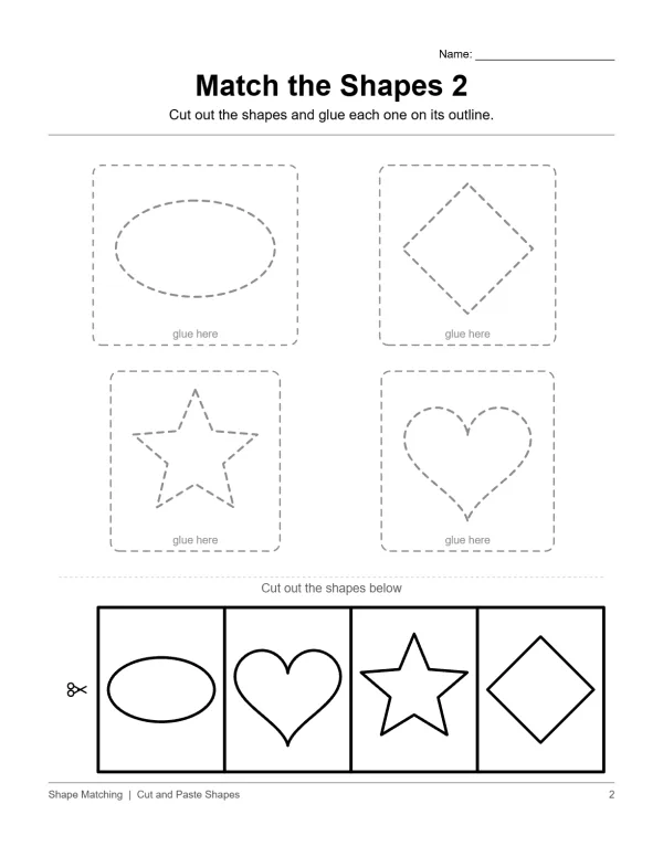 A cut and paste worksheet with four dashed outlines of shapes and four solid shapes to cut out and match.