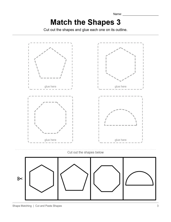 Worksheet with dashed outlines of a pentagon, hexagon, octagon, and semicircle to cut and glue onto matching shape outlines.