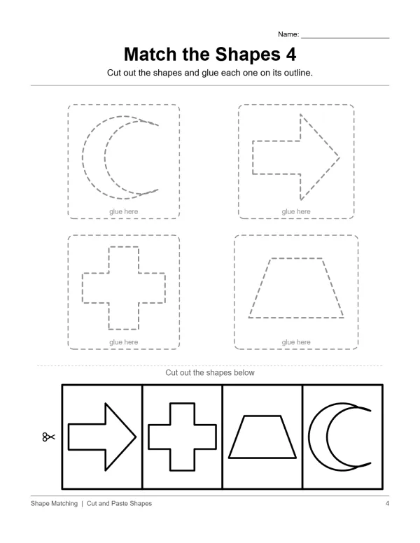 Cut and paste worksheet with outlines of a crescent moon, arrow, plus sign, and trapezoid to match shapes below.