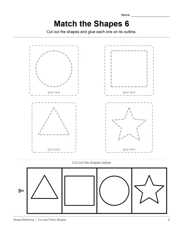 Worksheet with outlines of a circle, square, triangle, and star, and cut-out shapes below to match.