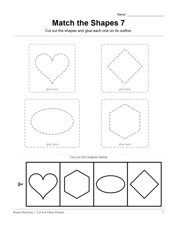A cut and paste worksheet showing outlines of four shapes and the shapes to cut out below.