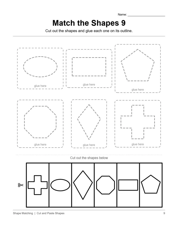 Worksheet with six empty shape outlines and six cut-out shapes at the bottom for matching.