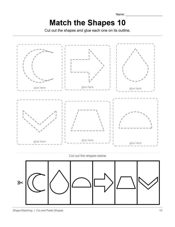 Worksheet with dashed outlines of shapes to cut and glue onto matching shape outlines