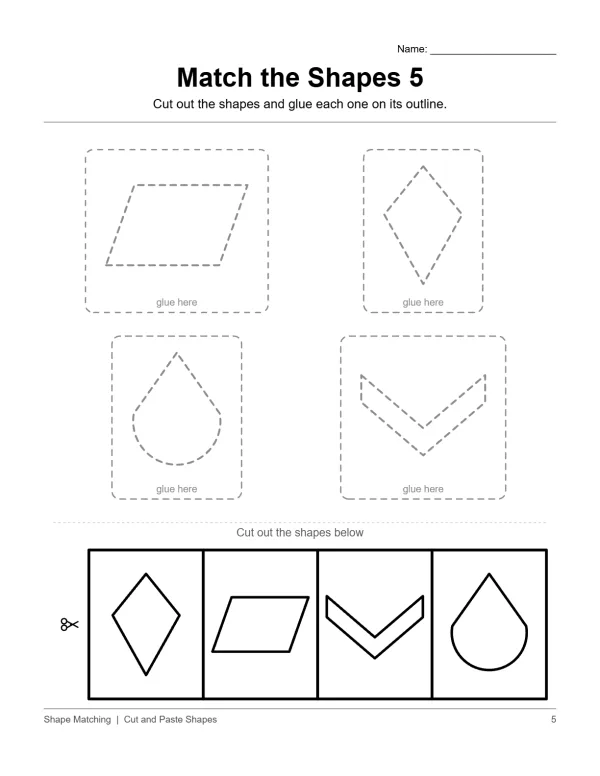Worksheet with four shape outlines to match and four shapes to cut out and glue.