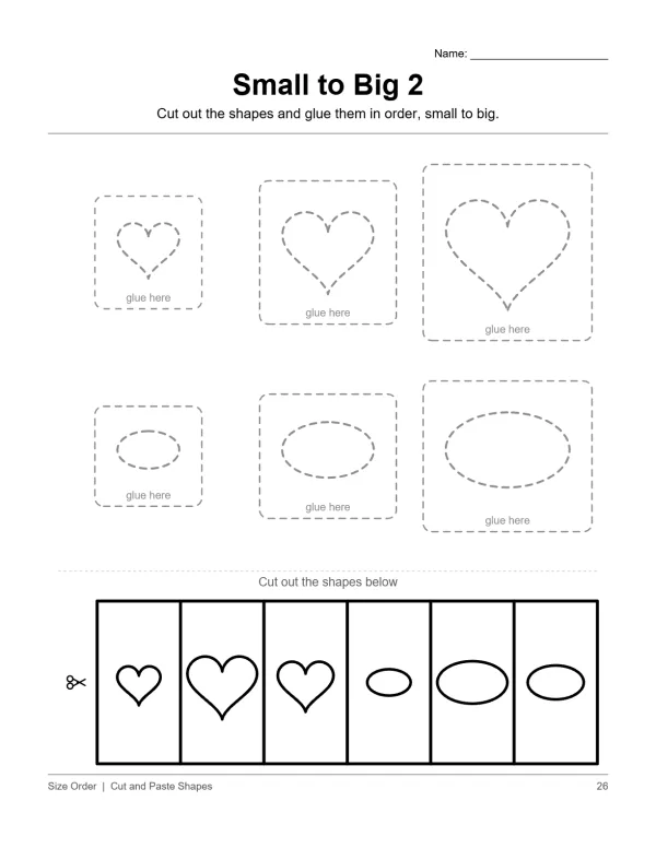 Three sizes of hearts and three sizes of ovals cut out and ready to glue, plus a strip of shapes to cut out.