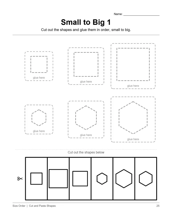 Cut and paste worksheet with squares and hexagons to order from small to big.