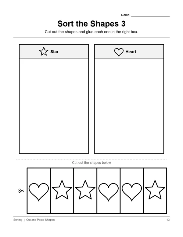 A worksheet with two columns labeled Star and Heart, and shapes to cut out below.