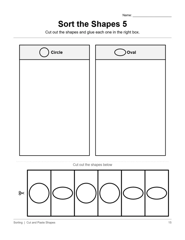 Worksheet with two columns labeled Circle and Oval, and a row of shapes to cut out and sort.
