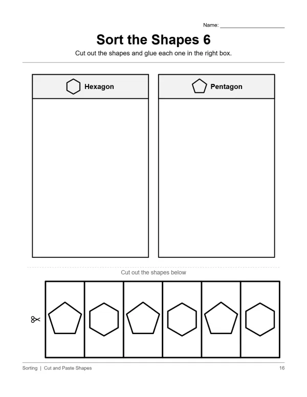 Worksheet with two columns labeled Hexagon and Pentagon, and a row of shapes to cut out below.