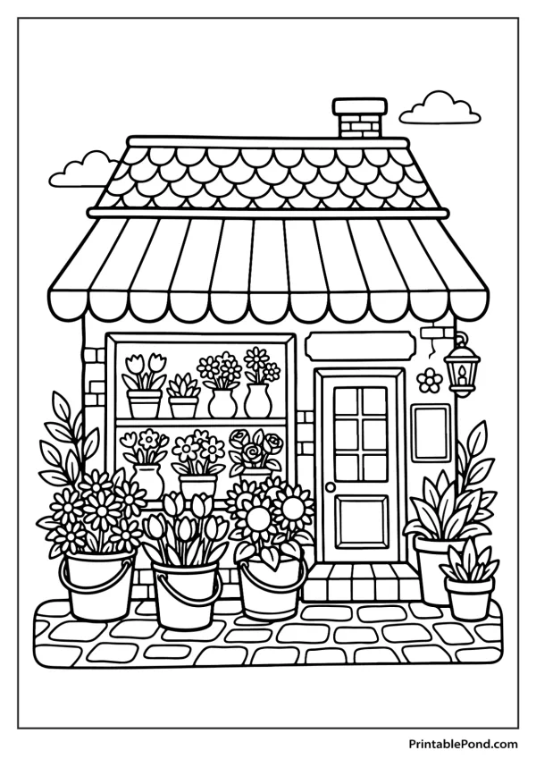 Outline drawing of a flower shop with an awning, display windows filled with flowers, and potted plants outside.