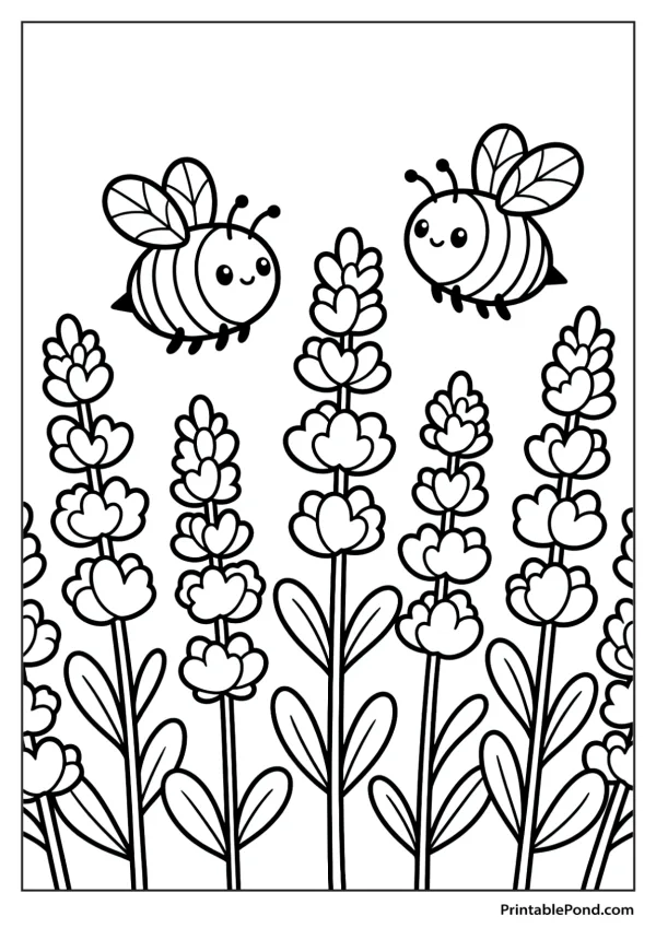 Two cute bumblebees fly above stalks of lavender flowers with large leaves and buds.