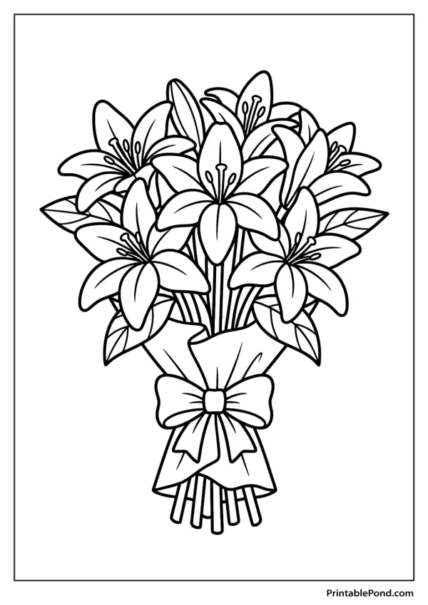 A coloring page of a bouquet of lilies tied with a large bow and wrapped in paper.