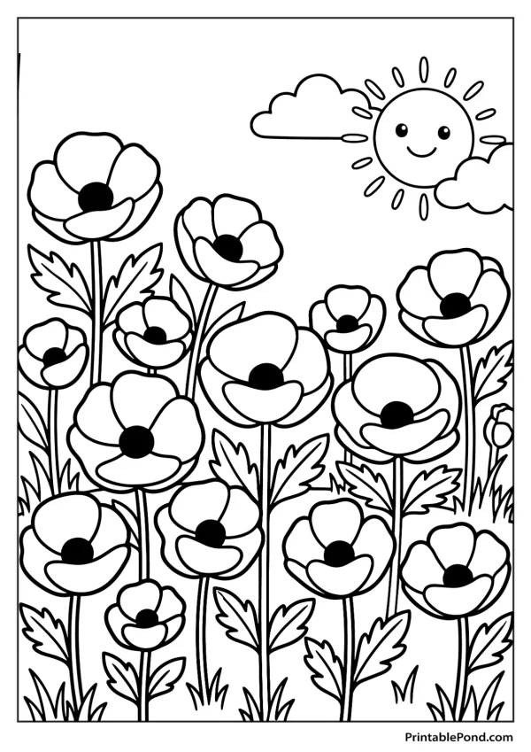 A field of blooming poppies with a smiling sun and clouds in the sky.