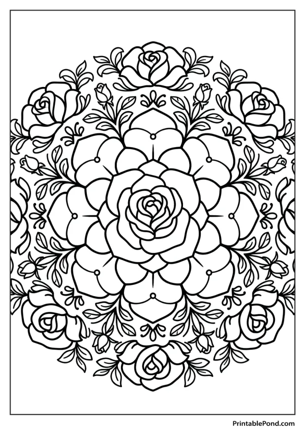 A circular mandala design featuring large roses and smaller rose buds with leaves.