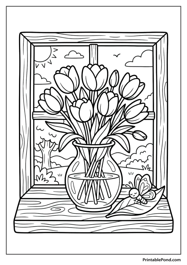 A vase of tulips sits on a windowsill with a butterfly on a leaf.