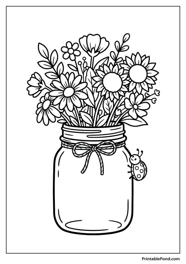 Line art illustration of a mason jar filled with a bouquet of various wildflowers and leaves. A ladybug is on the side of the jar.