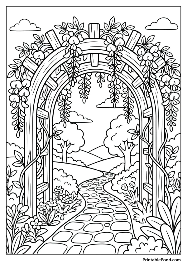 Coloring page of a wooden archway covered in wisteria flowers, with a stone path leading through a garden.