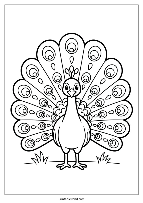 Line art of a cartoon peacock with its large, fanned tail feathers and round eye spots.