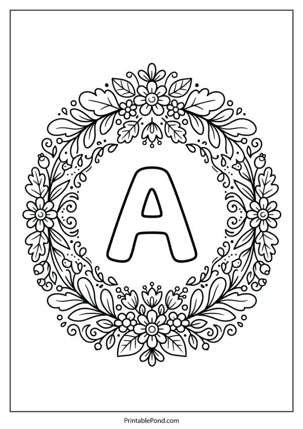 Outline of the letter A inside a circular floral and leafy wreath pattern.