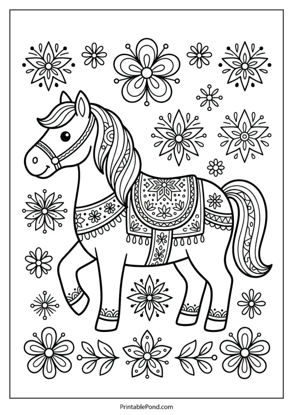 A stylized horse decorated with folk art patterns and surrounded by flowers and leaves.