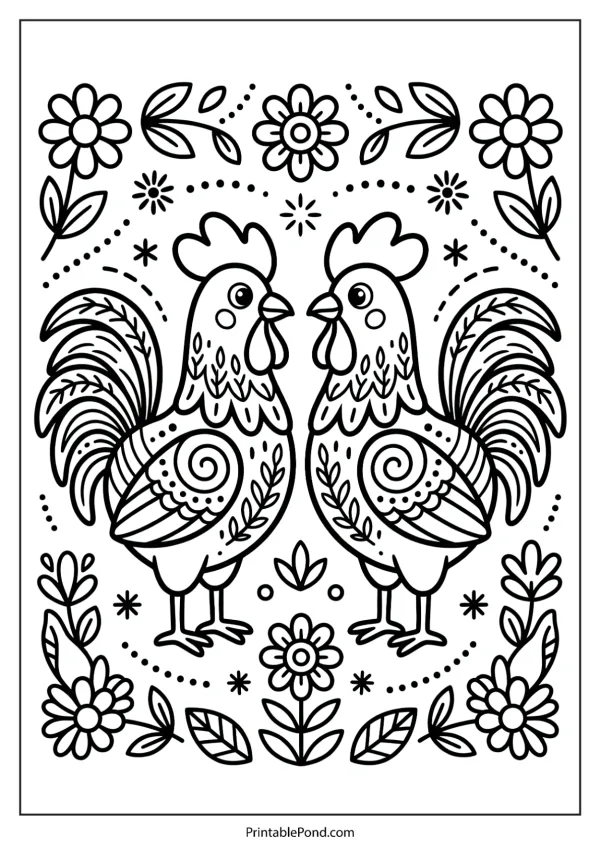 Two stylized roosters stand facing each other surrounded by flowers and decorative elements.