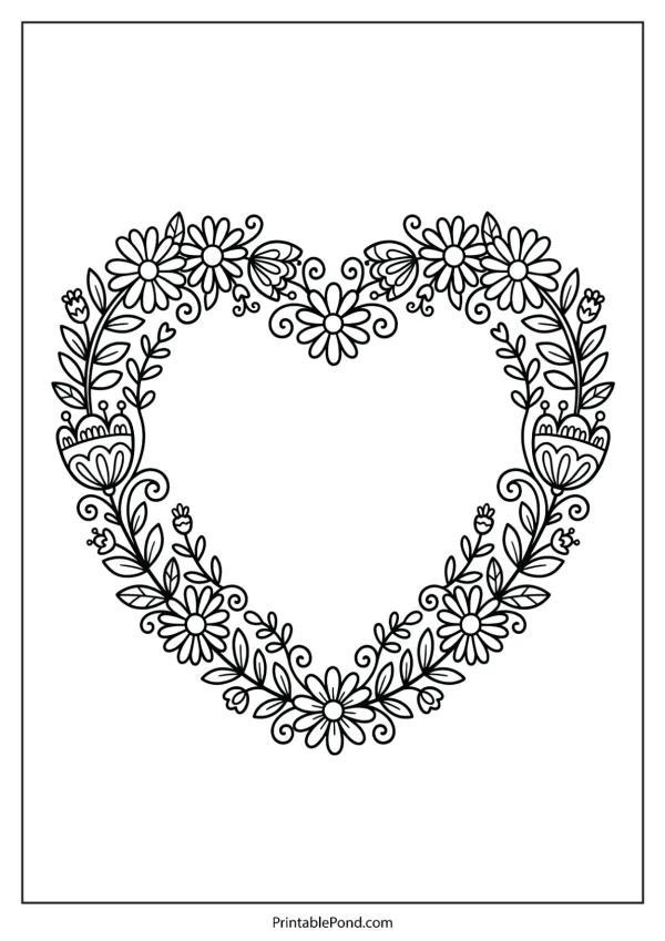 Outline of a heart shaped wreath filled with small flowers and leaves.