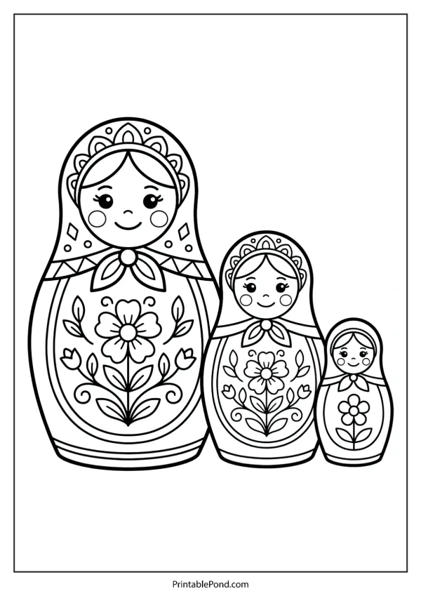 Three nesting dolls with floral patterns, one large, one medium, and one small, all line art.