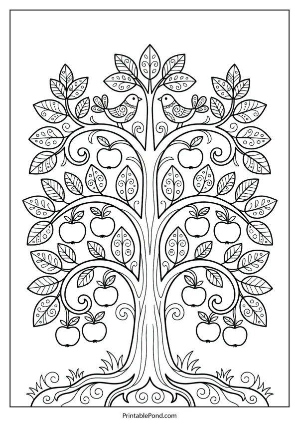 Folk art style tree of life with swirling branches, leaves, apples, and two birds.