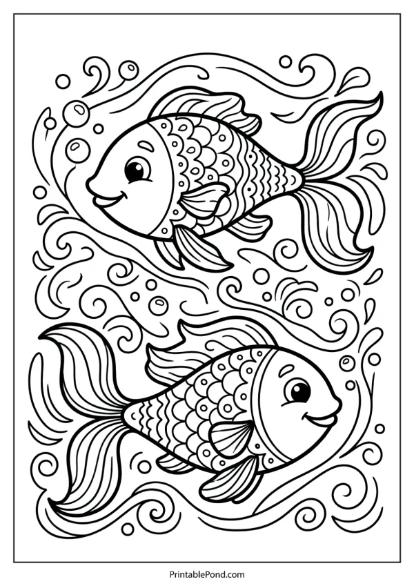 Two cartoon fish with patterned scales swim happily in swirling water with bubbles.