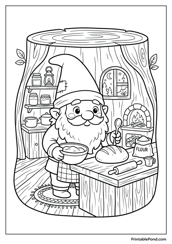 A cartoon gnome stands in a kitchen inside a tree stump, mixing dough and preparing to bake bread.