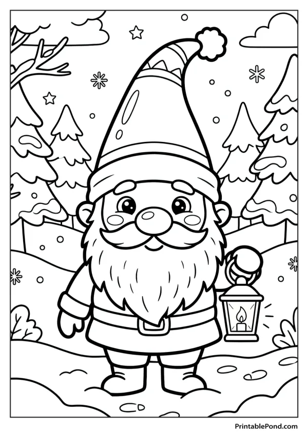 A smiling gnome wearing a hat and holding a lantern stands in a snowy forest.